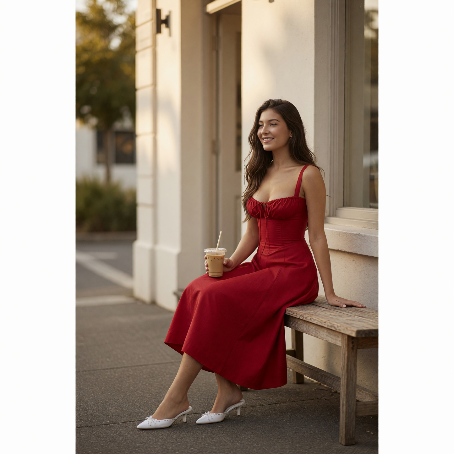 Women's Red Midi Dress with a Fitted Bodice