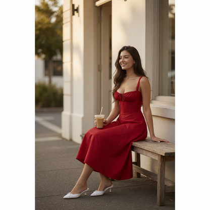 Women's Red Midi Dress with a Fitted Bodice