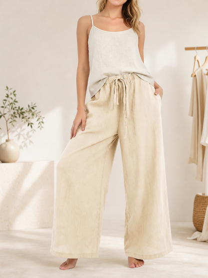 Beige Wide-Leg Pants with an Elastic Waistband and Drawstring