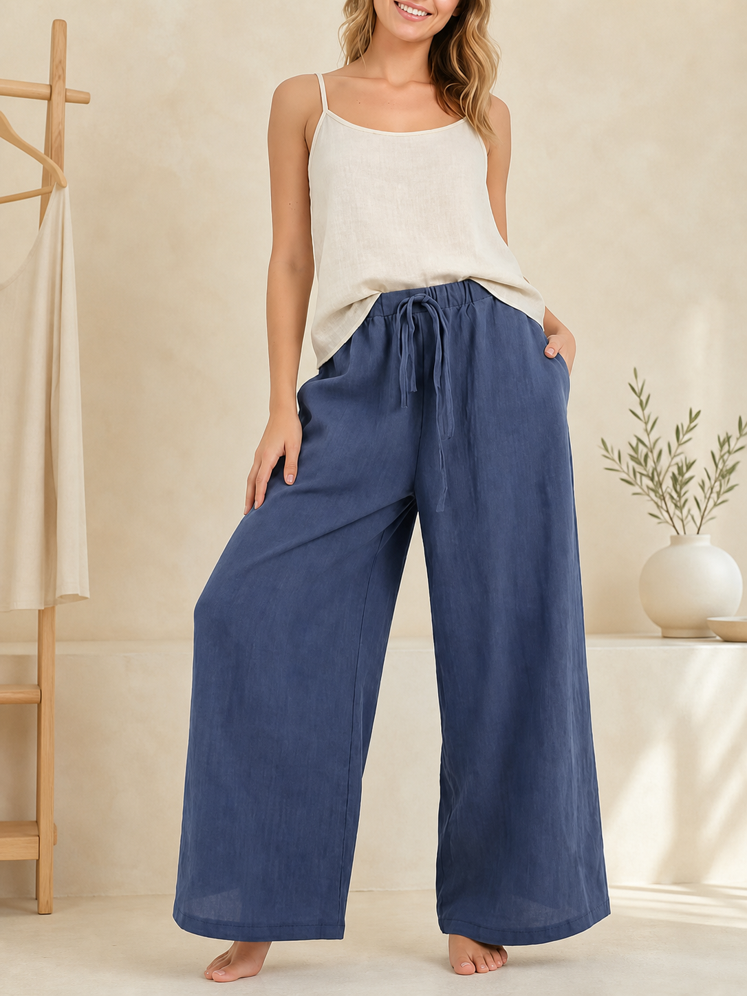 Women's High-Waisted Wide-Leg Pants with Pockets