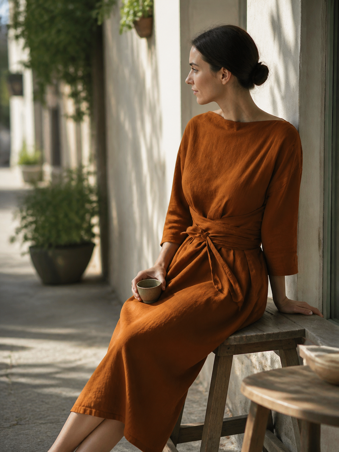 Brown Dress with a Wide Neckline and Belt