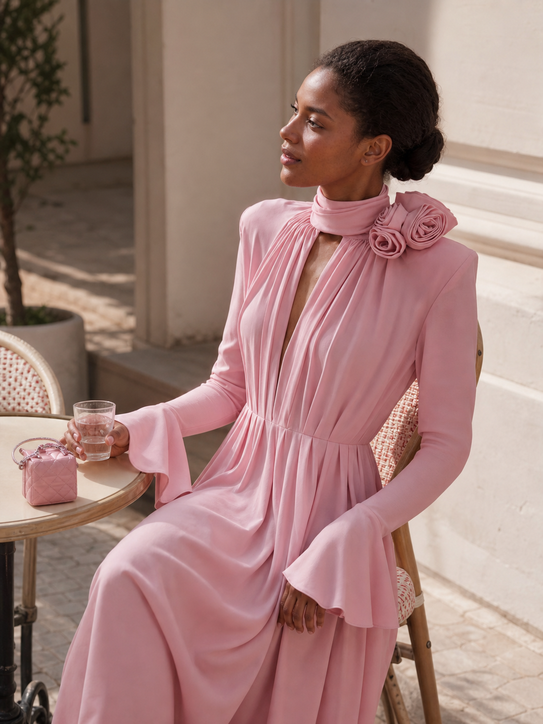 Women's Long Draped Dress with Flowers