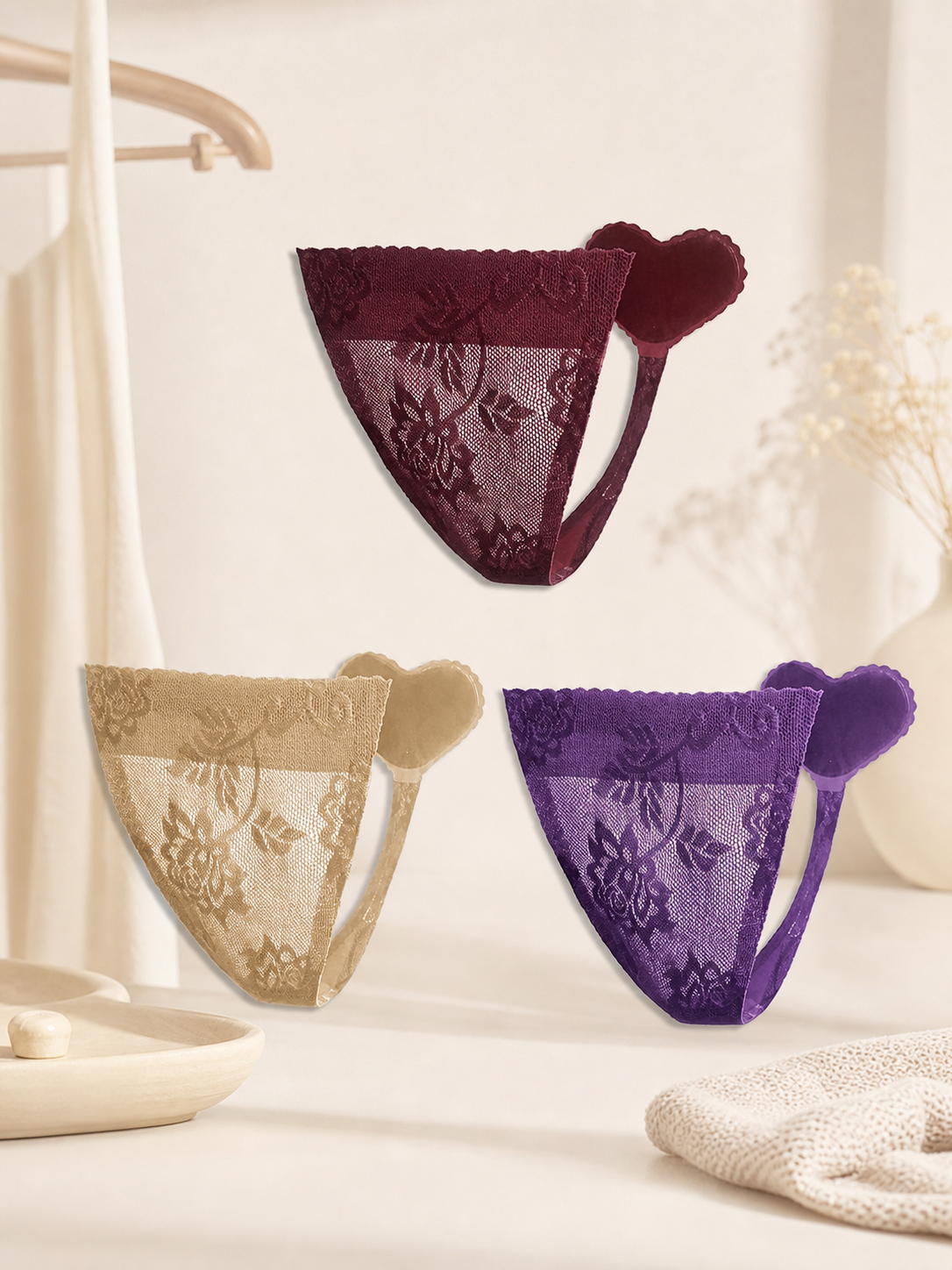 Lace triangle panties, 3-pack (burgundy, nude, purple)