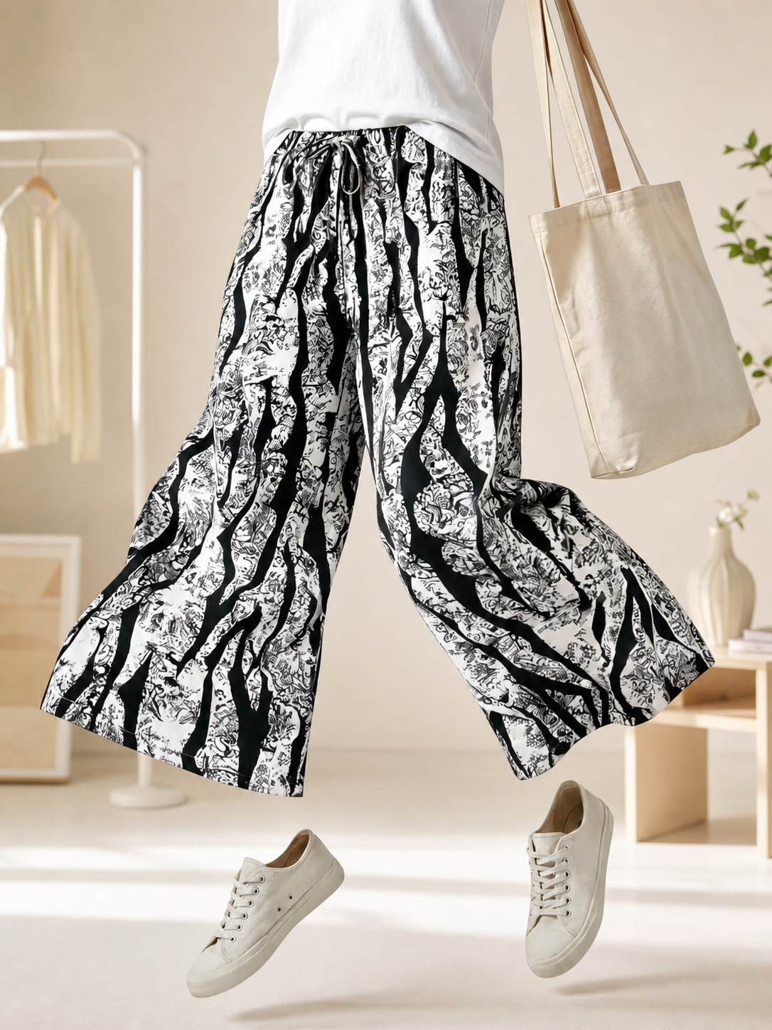 Wide-Leg Pants with Black-and-White Abstract Print