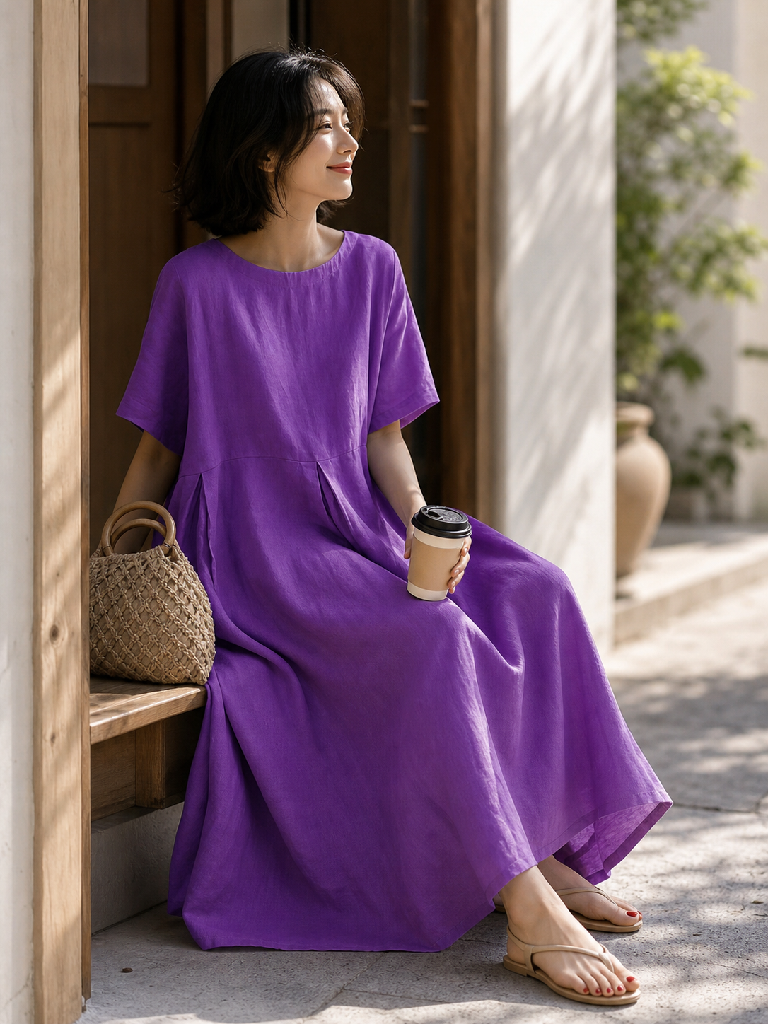 Women's Purple Loose A-Line Dress with Short Sleeves