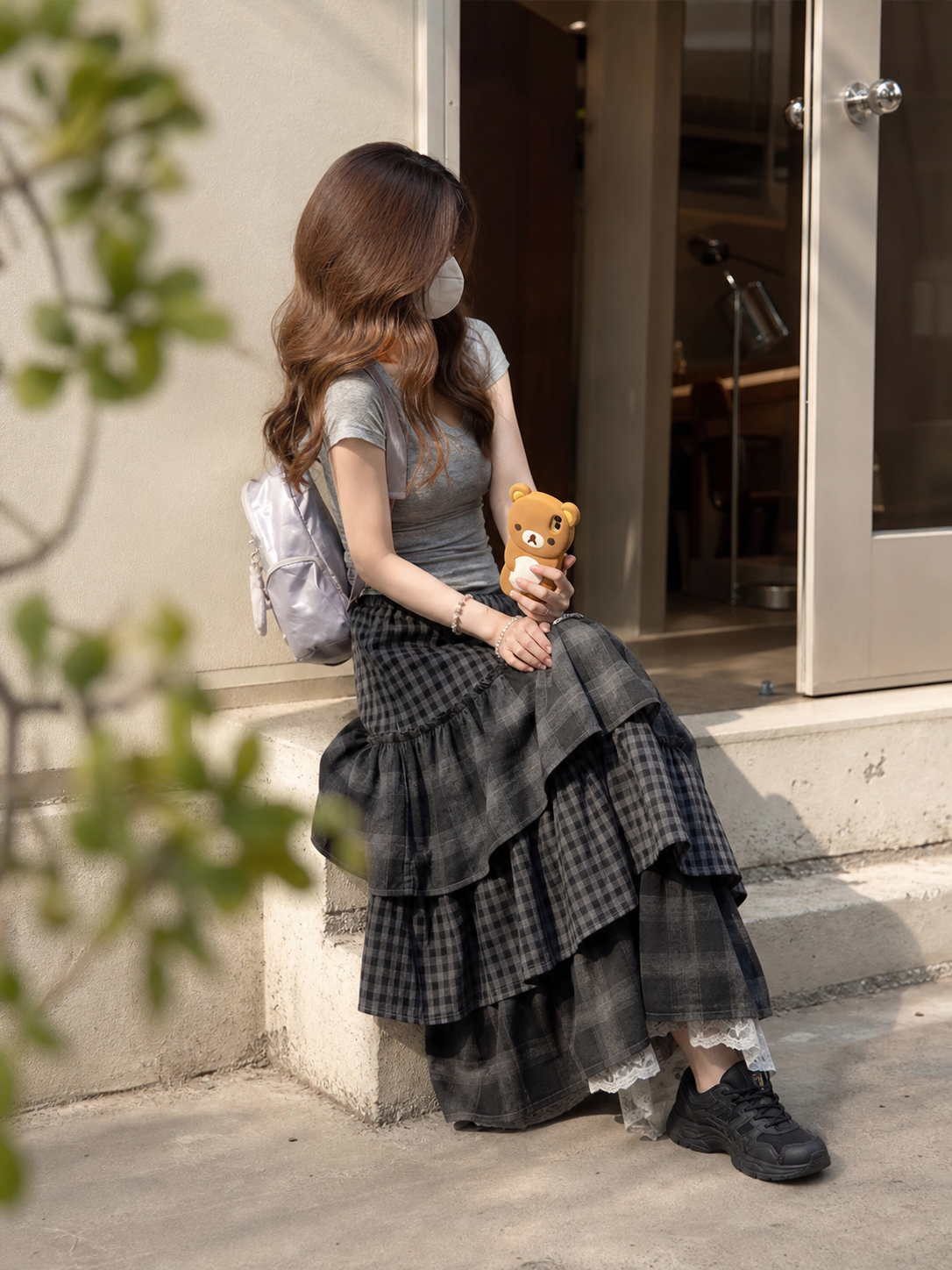 Women's Long Gray-and-Black Plaid Skirt with Ruffles