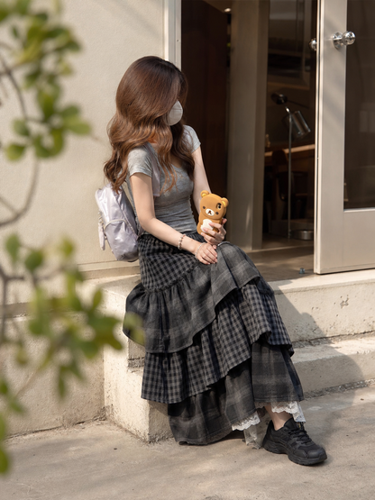 Women's Long Gray-and-Black Plaid Skirt with Ruffles