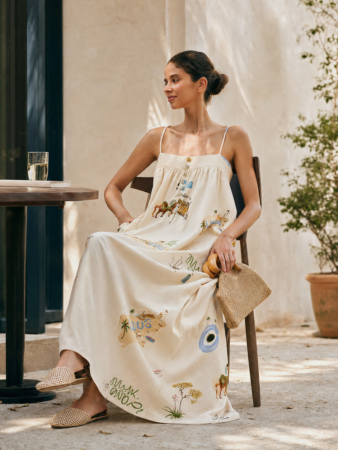 Long dress with thin straps, a print, and buttons