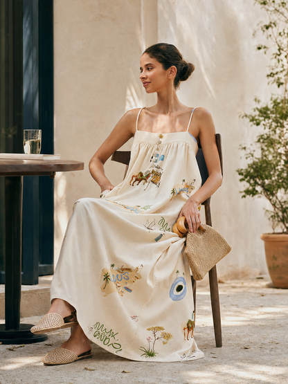 Long dress with thin straps, a print, and buttons