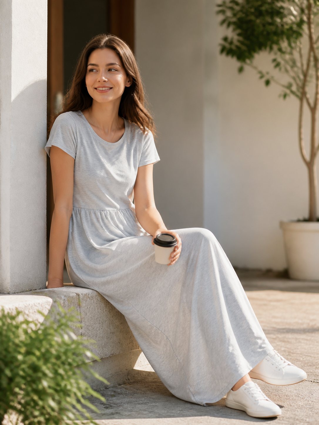 Women's Long Gray Dress with Short Sleeves