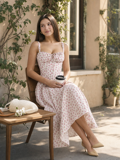 Women's Floral Print Midi Dress with Straps