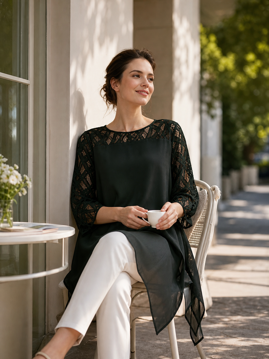 Dress with Lace Inserts and an Asymmetrical Hem