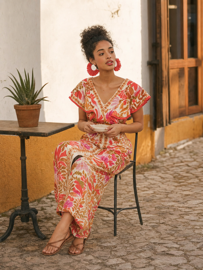 One-Piece Jumpsuit with a V-Neck, Short Sleeves, and Wide-Leg Pants. The garment
