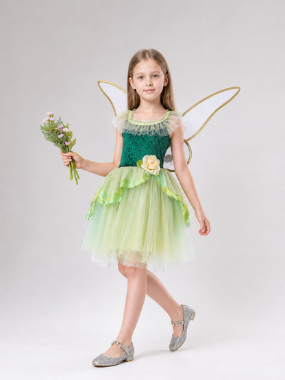 This children's dress is designed as a forest fairy costume and is suitable for performances and the June 1 holiday. The style features a green top with a jacquard pattern, a neat neckline with a ruffle, and a fit that emphasizes the waist.