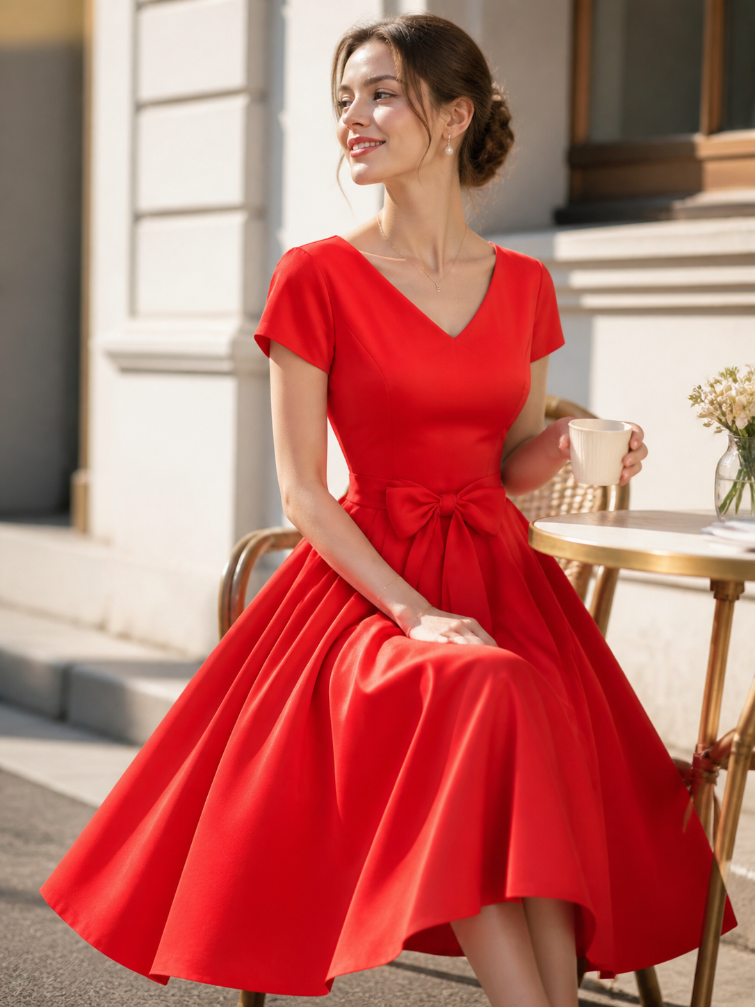 Red dress featuring a fitted bodice and flared skirt silhouette. The design includes a V-neckline and short sleeves, with a bow centered at the waistline and long decorative ribbons extending down the front as a distinctive design detail. T
