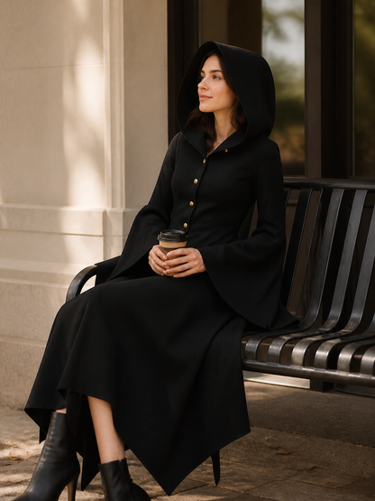 Women's Long Hooded Cloak with Flared Sleeves