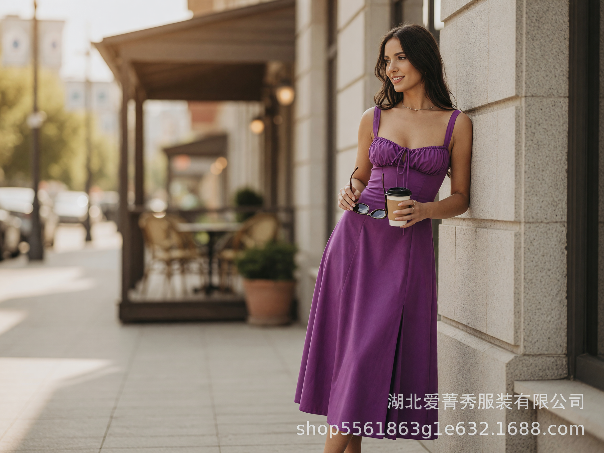 Purple dress with spaghetti straps and a square neckline