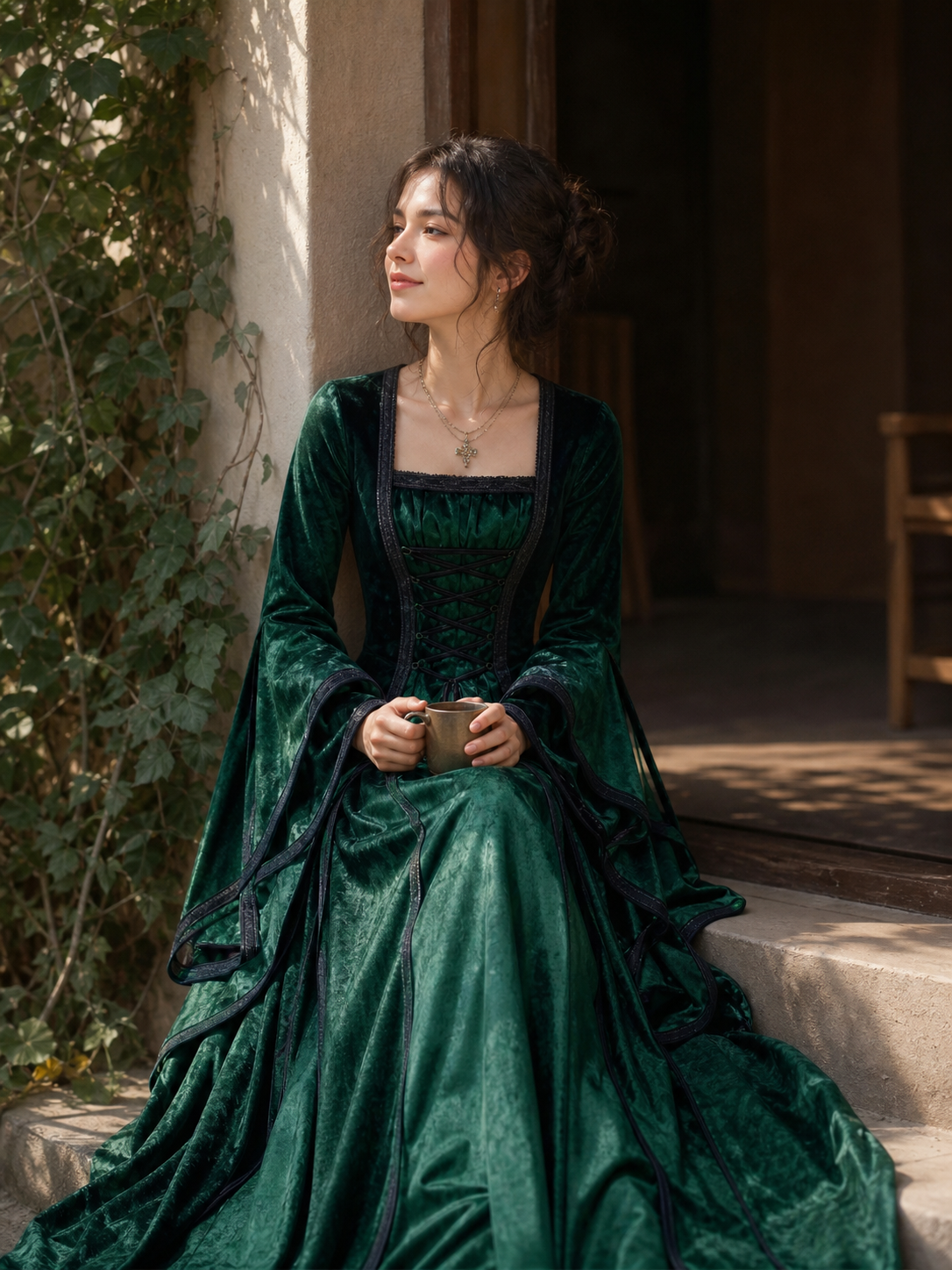 Medieval Gothic Lace-Up Dress with Train