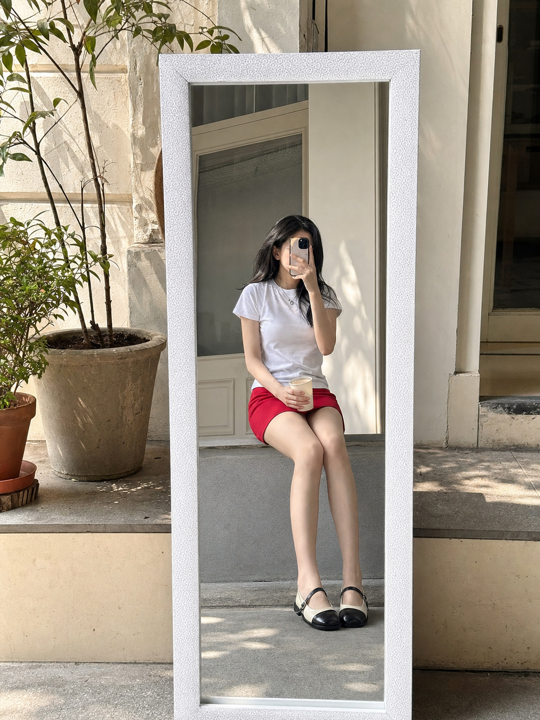 Women's Set: White T-Shirt, Red Skirt, Shoes