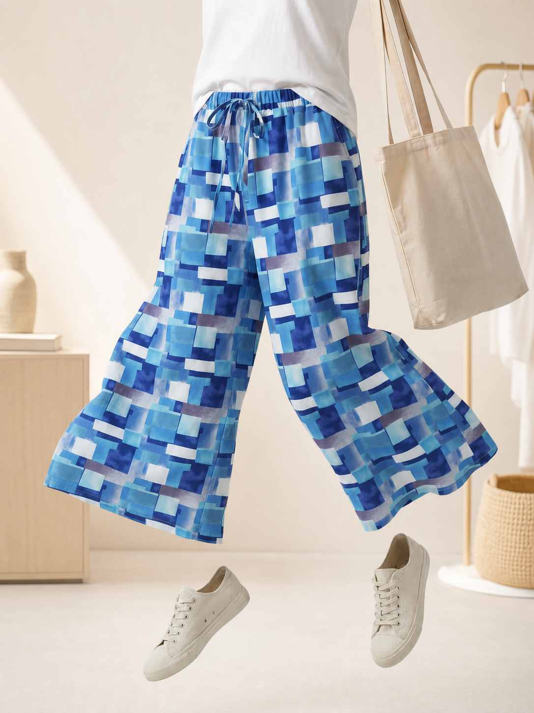 Blue and White Palazzo Pants with Geometric Print