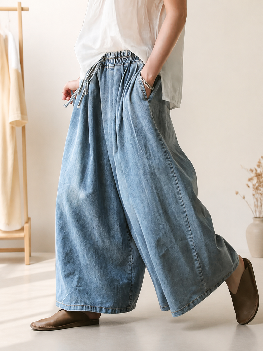 Light Blue Palazzo Pants with an Elastic Waist