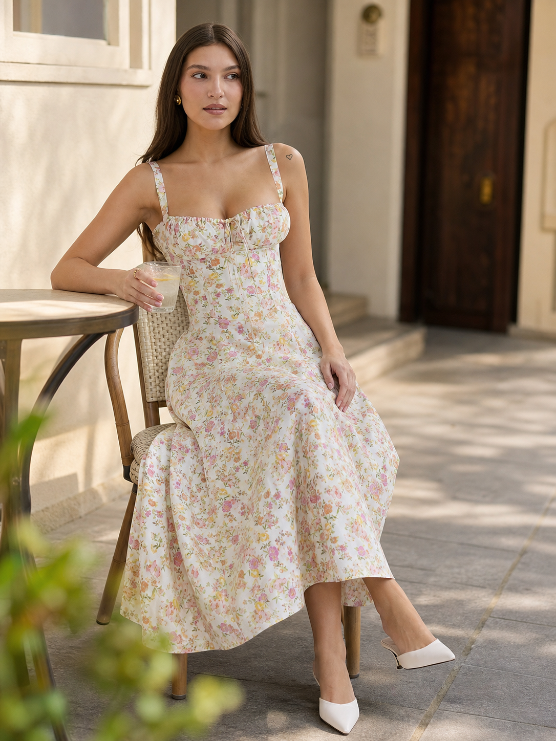 Women's midi dress with a square neckline and floral print