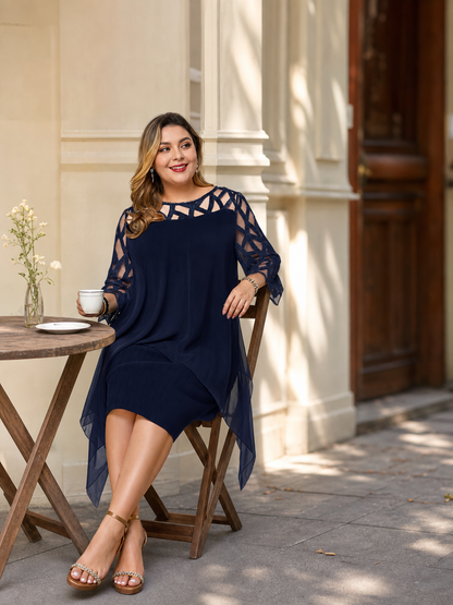 Chiffon Dress with Geometric Mesh Sleeves