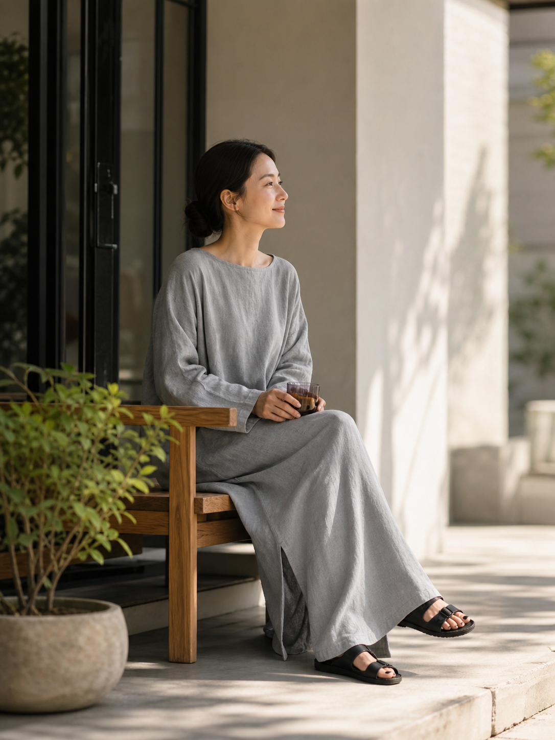 Gray Maxi Dress with Long Sleeves and a Slit