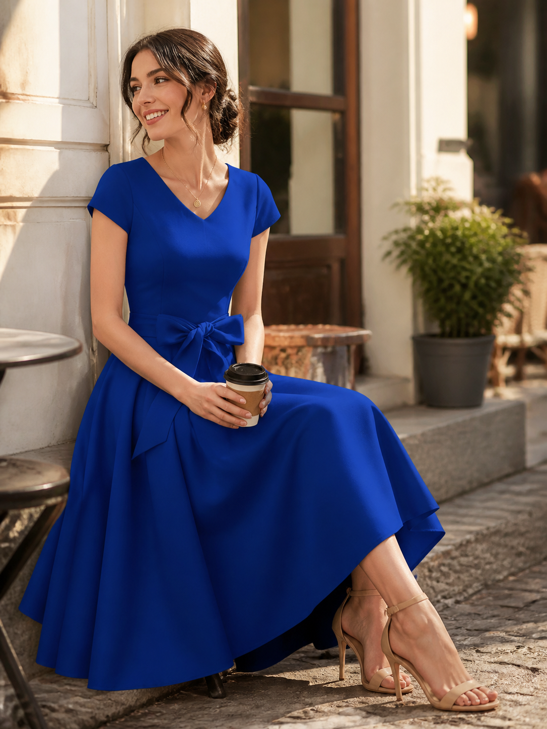 Blue Dress with V-Neck, Bow, and Full Skirt