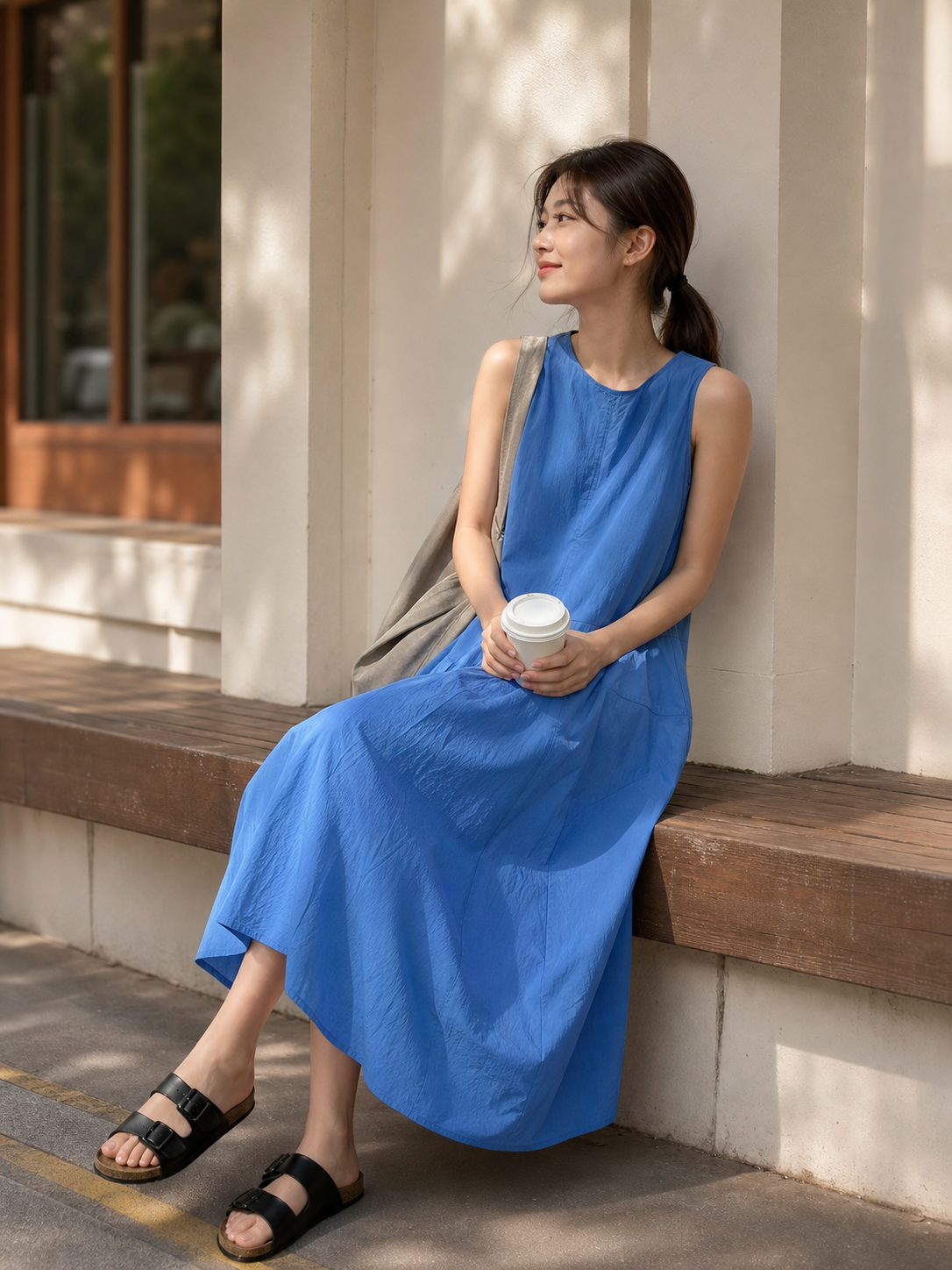Women's Blue Sleeveless Midi Dress with Pockets