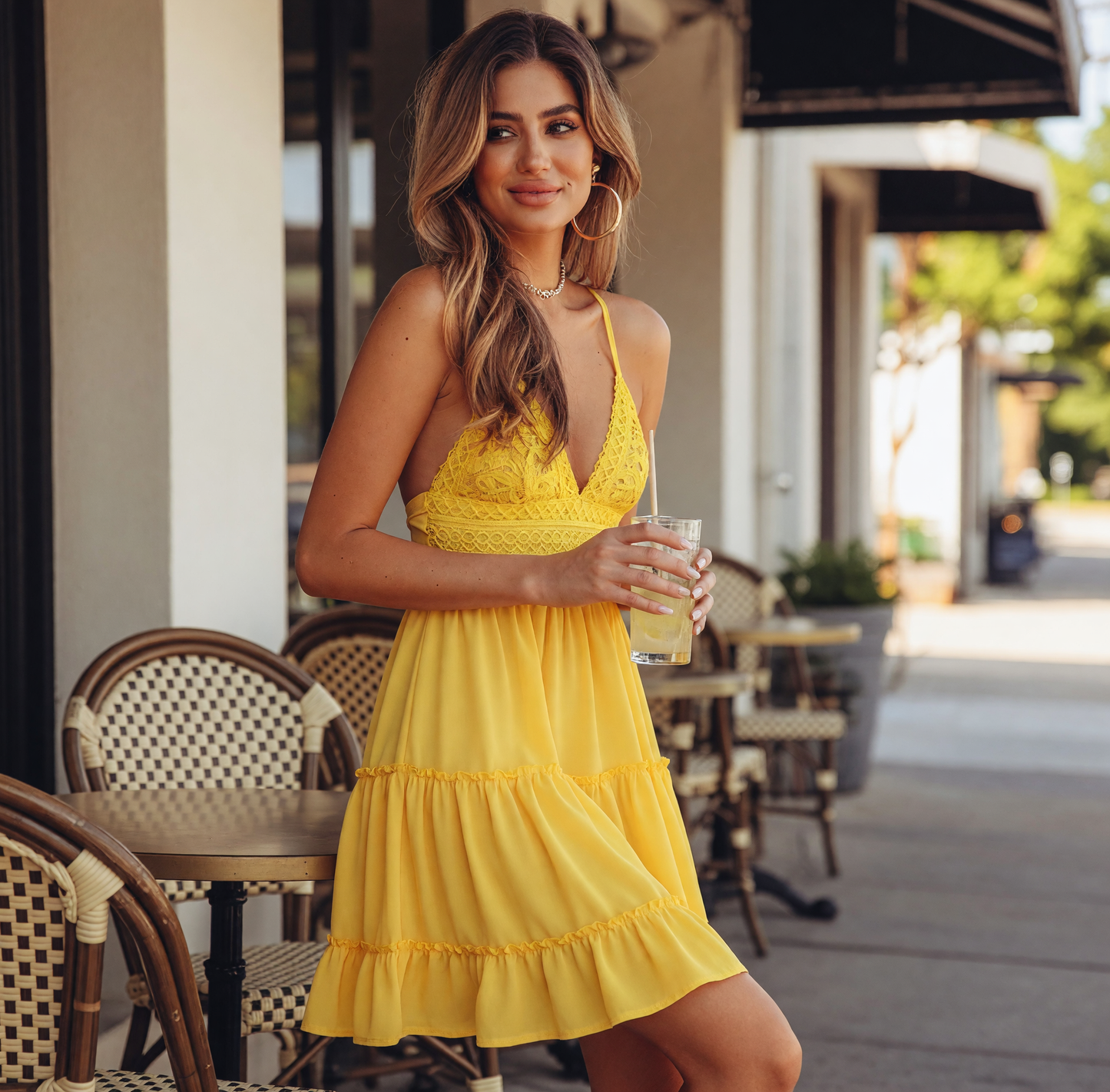 Yellow Women's V-Neck Spaghetti-Strap Dress with Ruffles