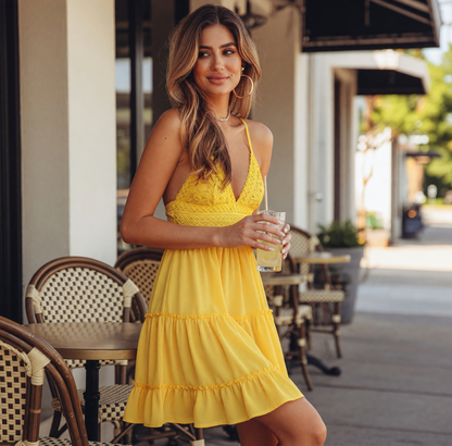 Yellow Women's V-Neck Spaghetti-Strap Dress with Ruffles