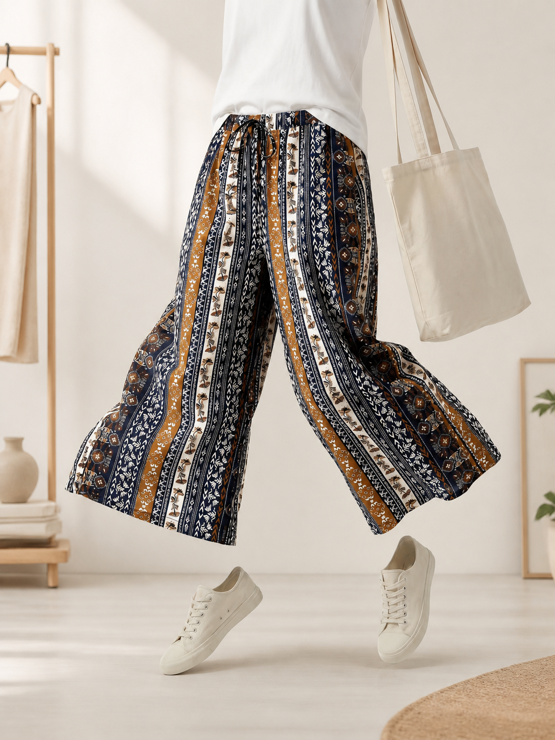 Boho Pattern Palazzo Pants with Drawstring Waist