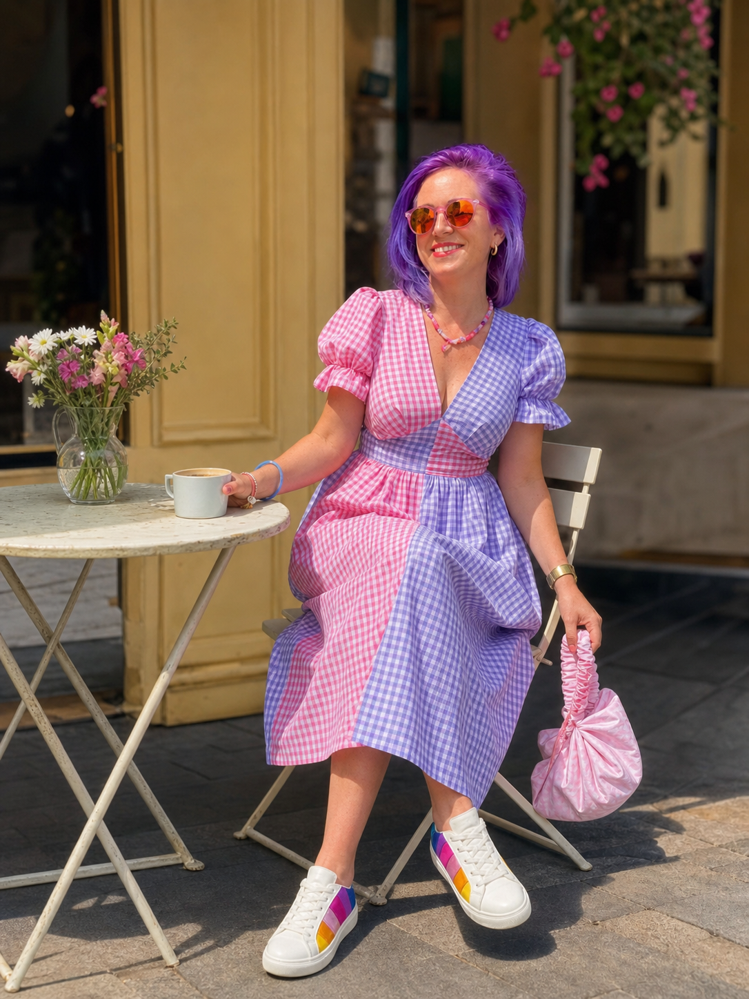 Midi Dress with a V-Neckline, Waist Emphasis, and Puff Sleeves