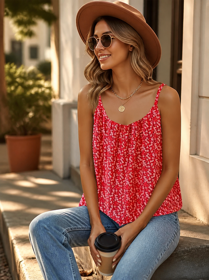 Red camisole with thin straps and floral print