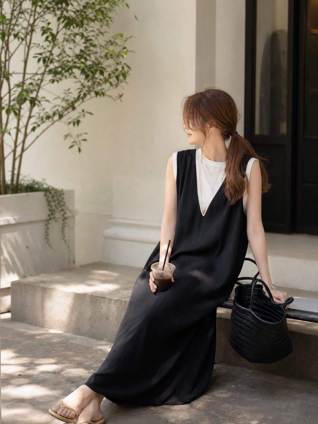 Long Black Sleeveless Dress with V-Neck