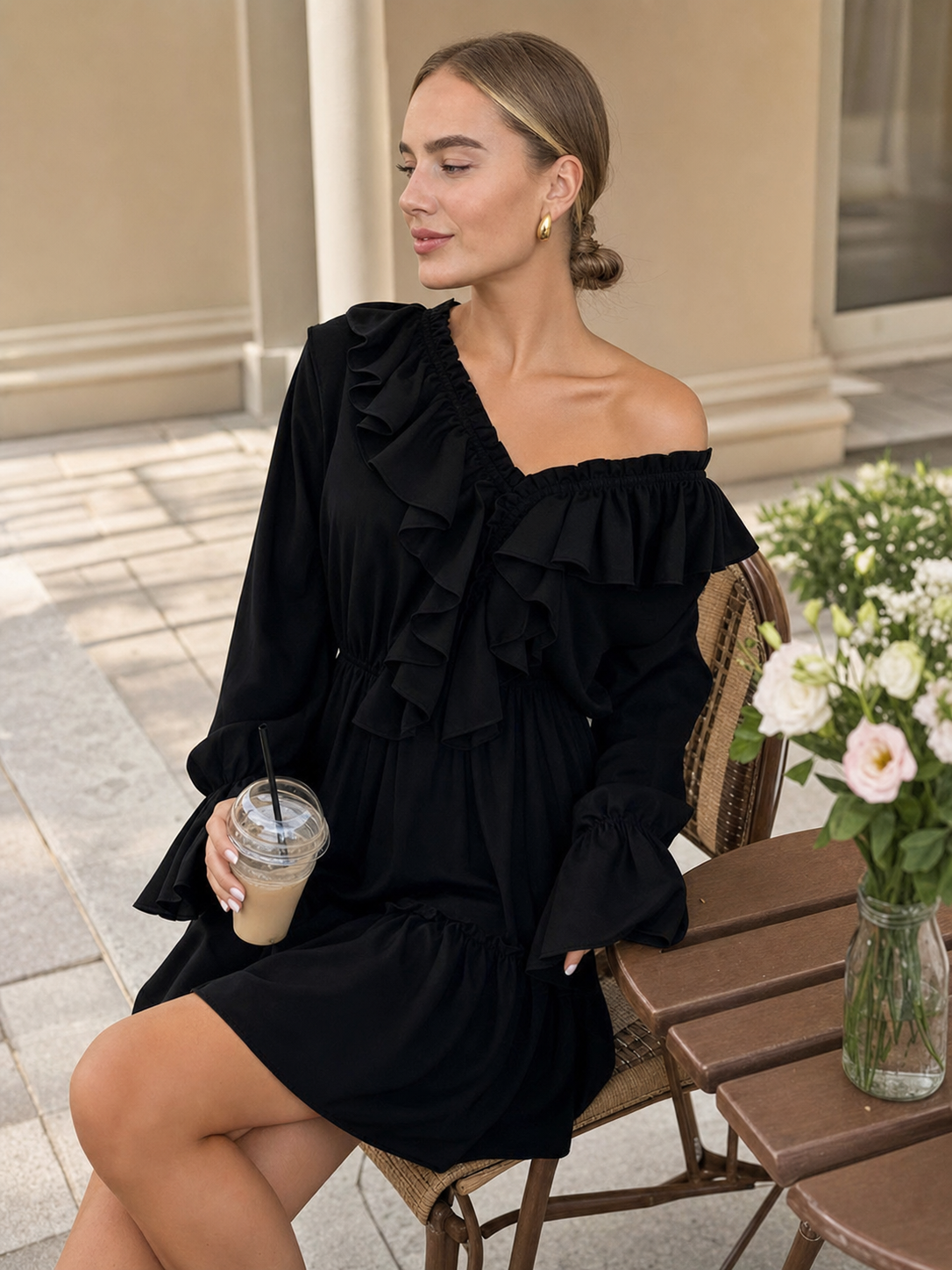 Women’s Black Off-the-Shoulder Dress with Ruffles