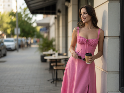 Pink Tie-Front Spaghetti-Strap A-Line Dress