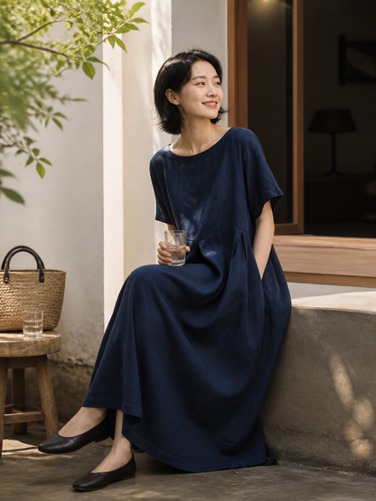 Women's dark navy A-line dress with pockets