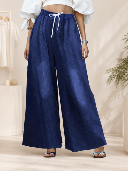 Dark Blue Palazzo Pants with an Elastic Waistband and White Drawstring