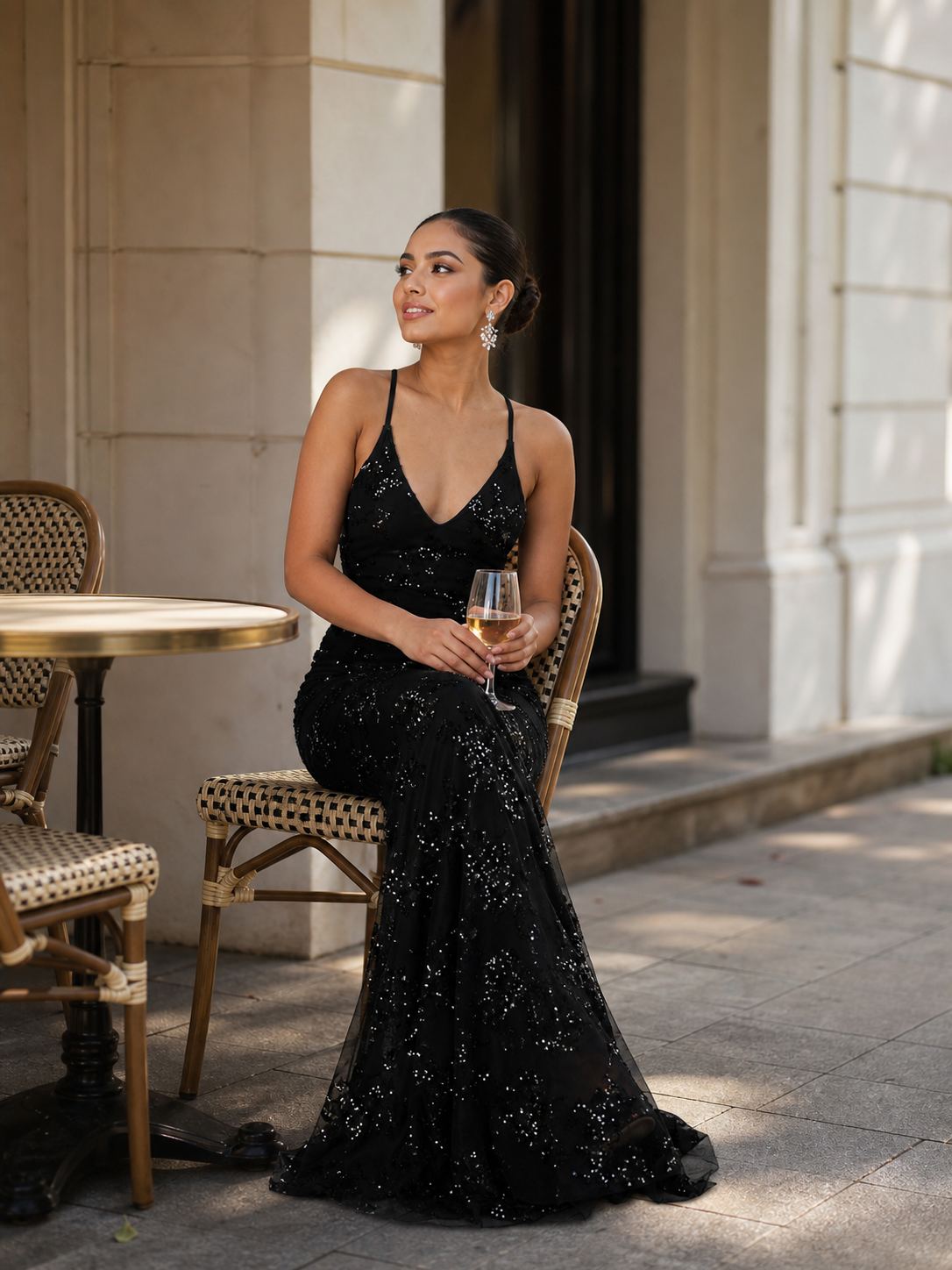 Black Women's Sequin Dress with V-Neck and Mermaid Skirt