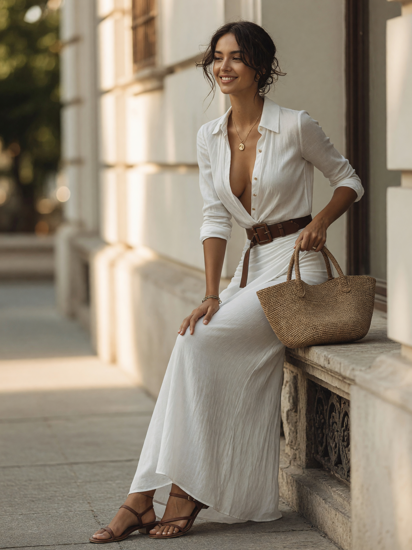 Women's White Shirt Dress with Belt and Long Skirt