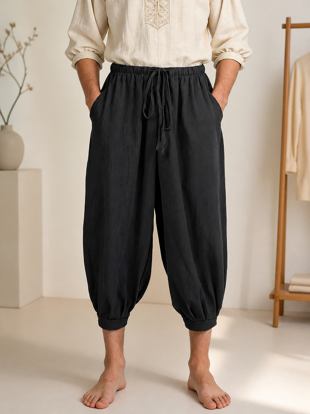 Black Cropped Aladdin Pants, Cotton Linen