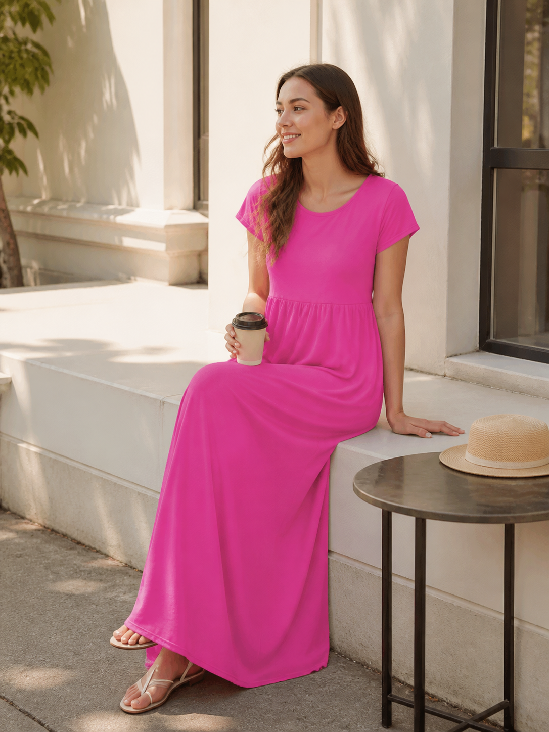 Women's Long Dress with Short Sleeves and Pleats