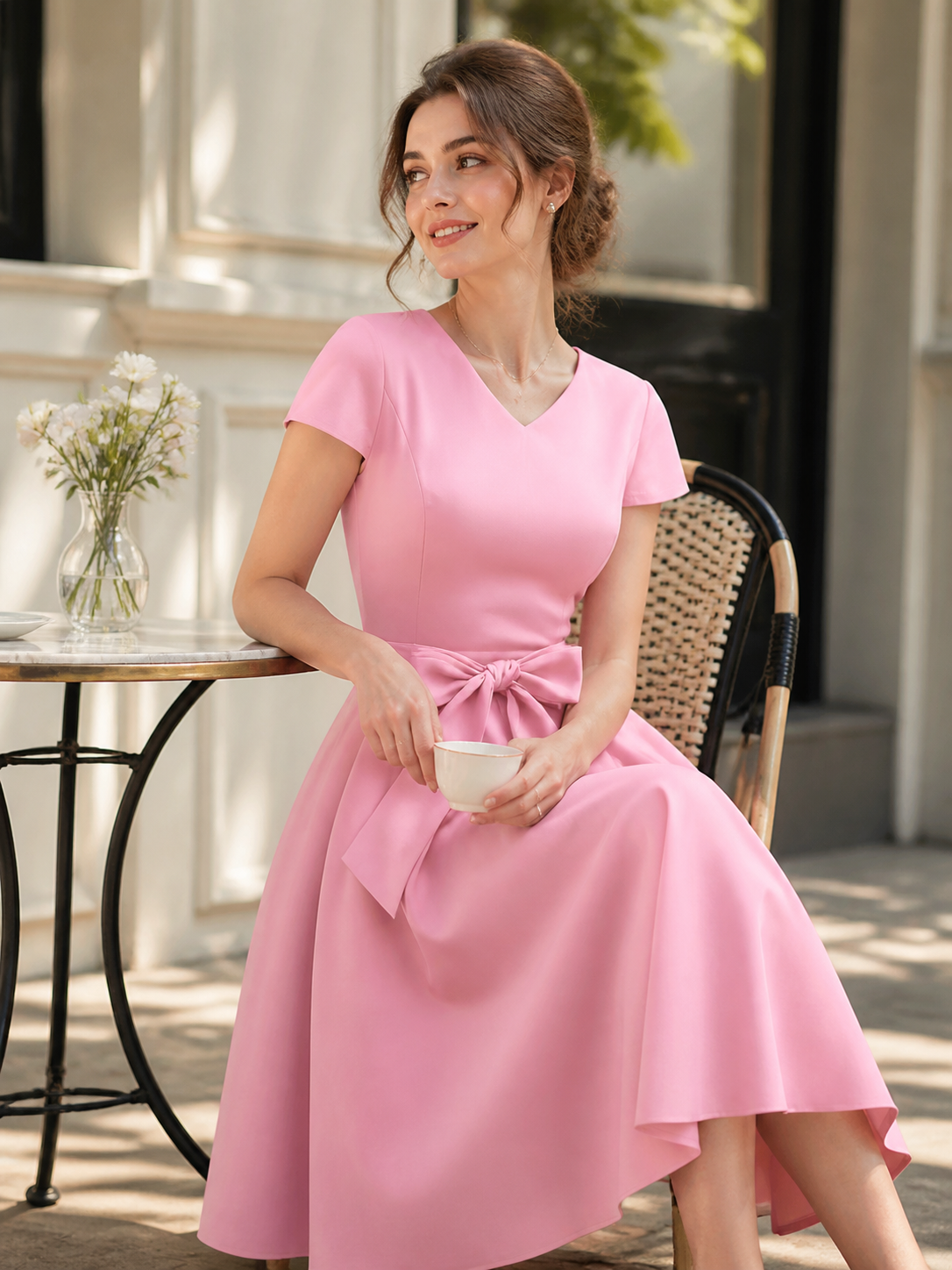 Pink dress in a solid color with short sleeves, a V-neckline, a fitted