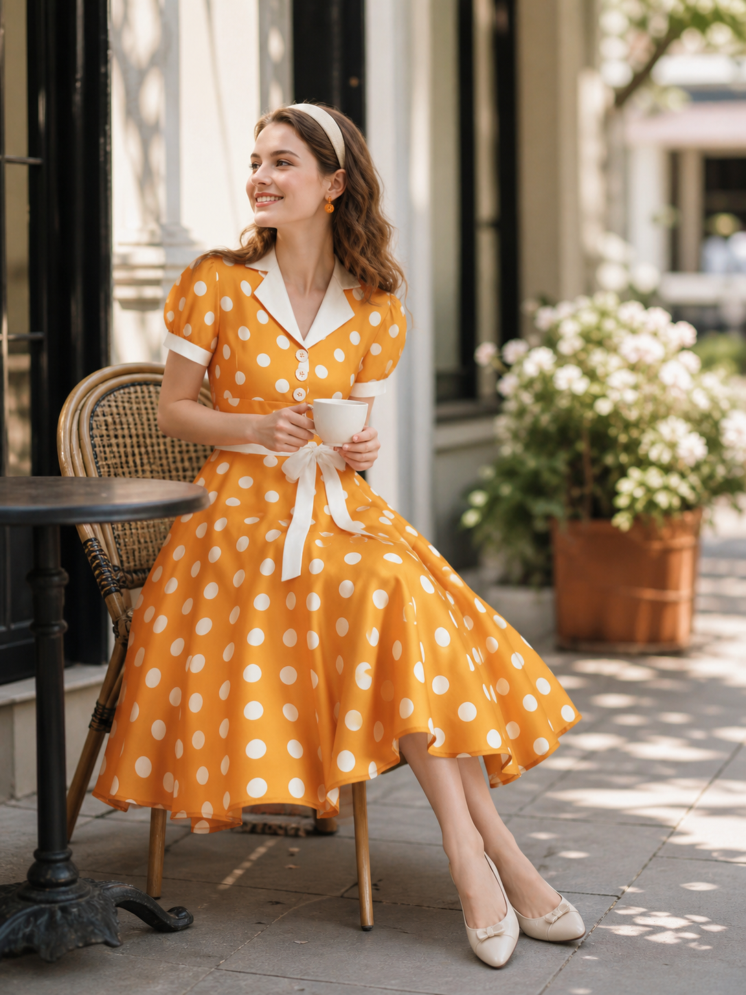Dress with a White Collar, Bow Belt, and Polka-Dot Print. The dress is designed in an orange-and-white color scheme, with a white polka-dot pattern on an orange background across the upper portion and skirt. A white Peter Pan collar and sho