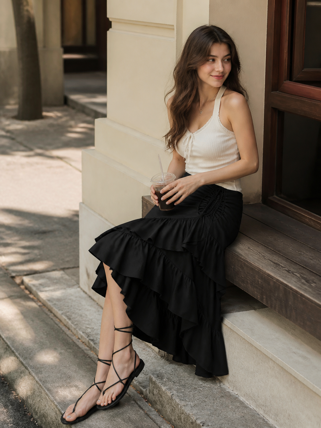 Black skirt in black with an asymmetrical silhouette and a layered tiered hem. The main visual feature of the style is a cascade of ruffles arranged in layers, creating a draped, stepped structure. The hem is finished asymmetrically, with l