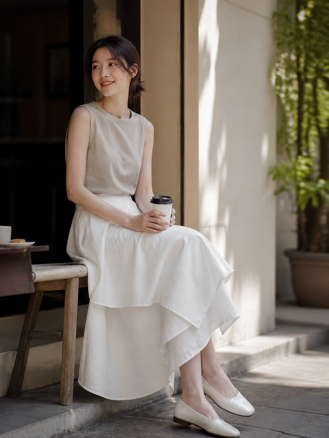 Women's White Long A-Line Skirt with Tiered Hem