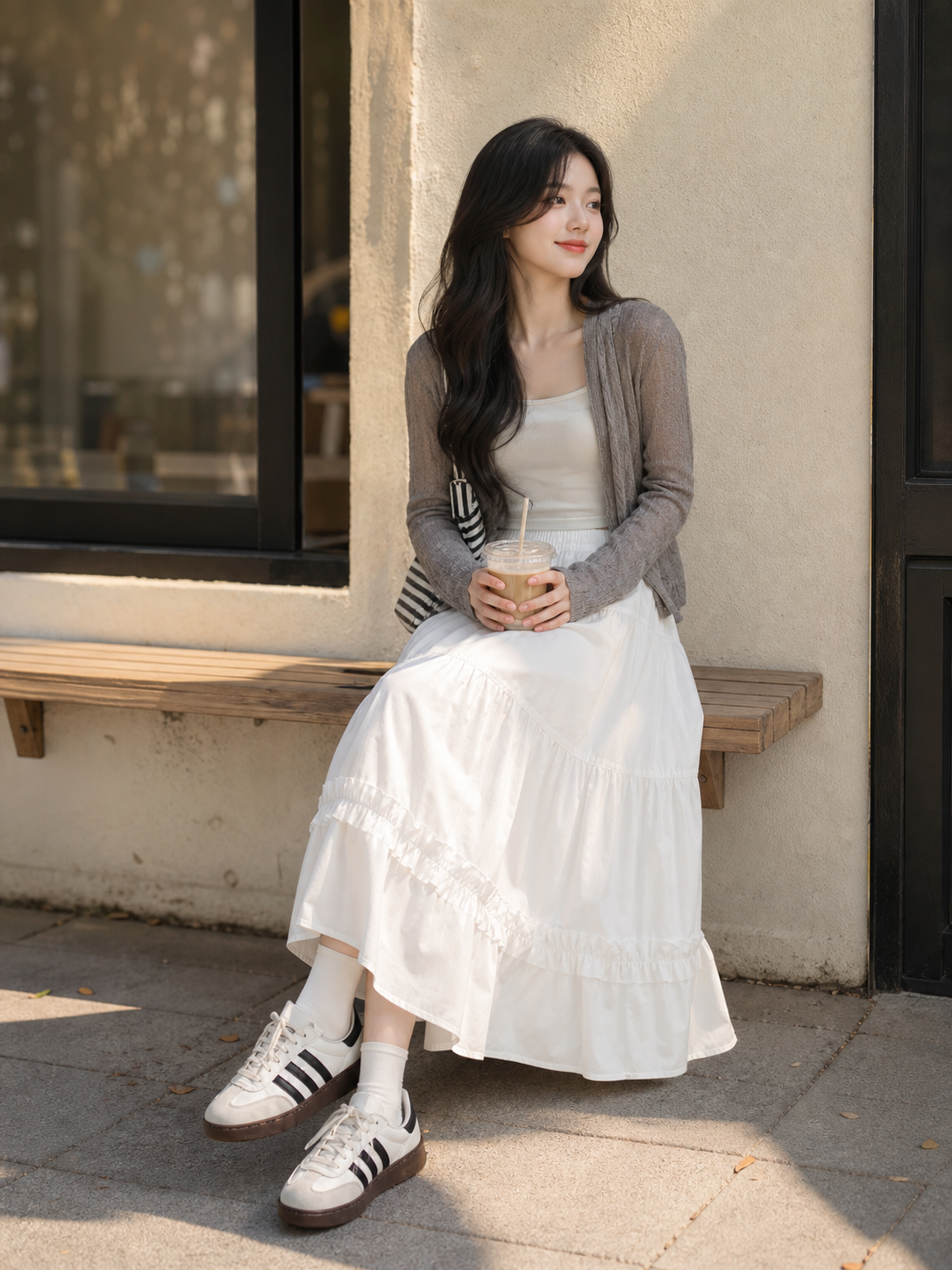 White Long A-Line Skirt with Tiered Ruffles