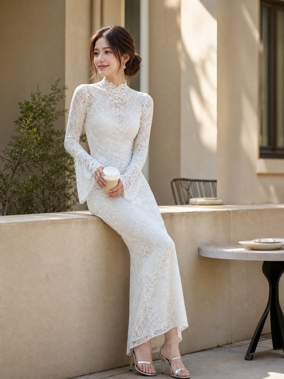 Women's Long Dress with Long Sleeves and Lace Pattern